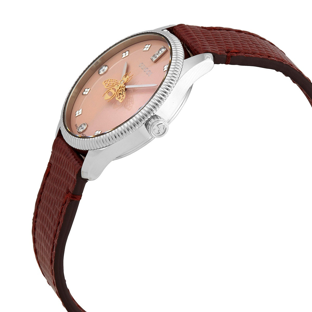Gucci G-Timeless ladies watch with pink dial, diamond hour markers, and burgundy leather strap
