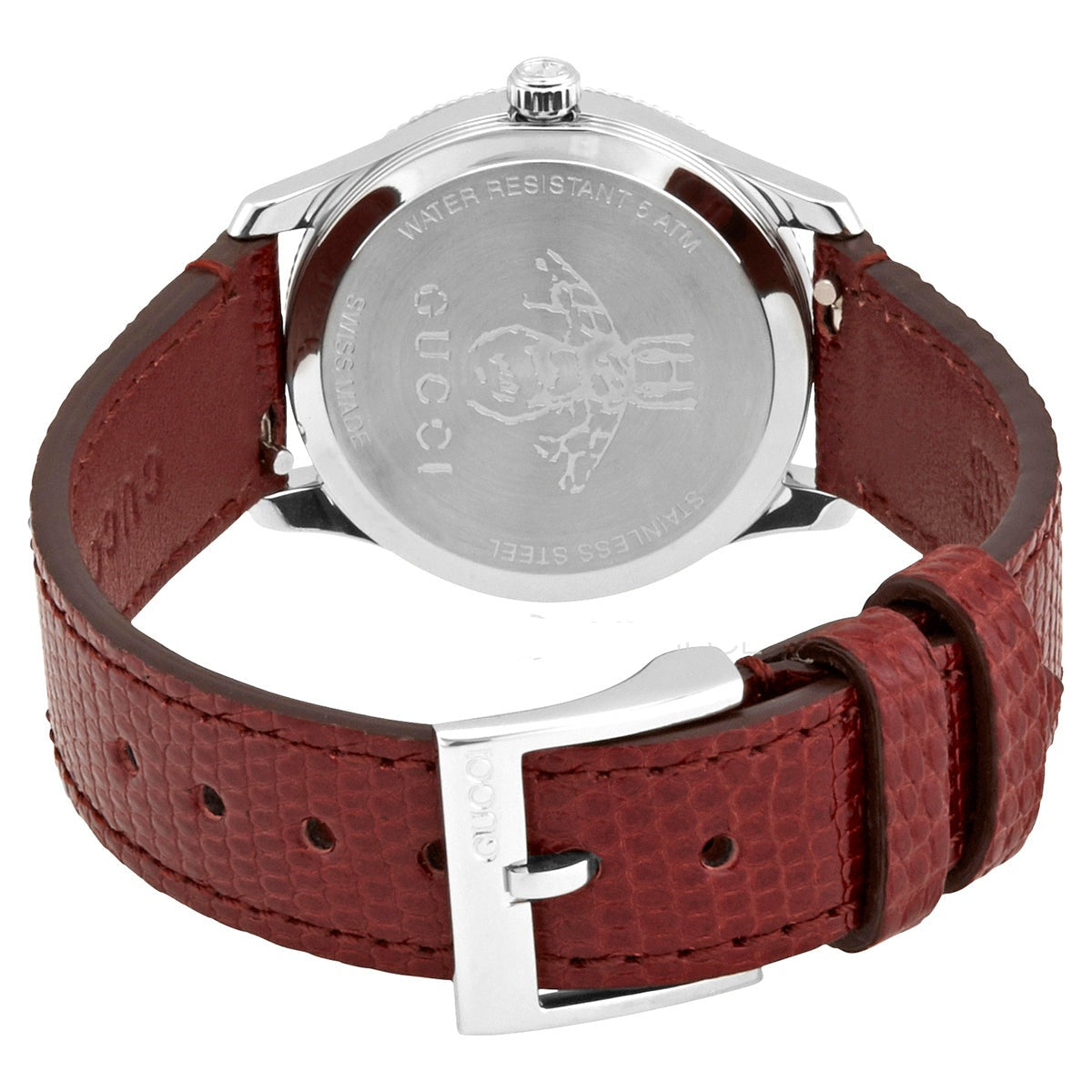Gucci G-Timeless caseback view with engraved bee motif and burgundy leather strap