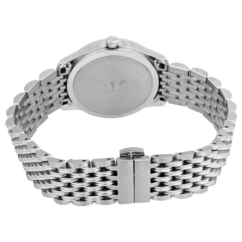 Gucci G-Timeless ladies watch caseback view showing stainless steel band and clasp