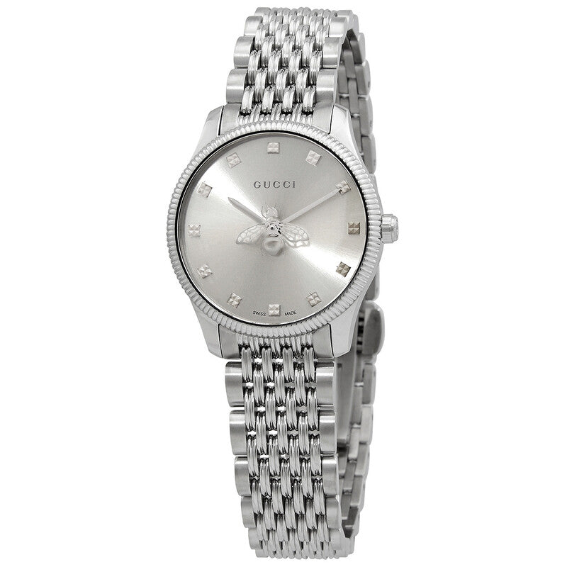 Gucci G-Timeless silver dial ladies watch with stainless steel bracelet and bee emblem