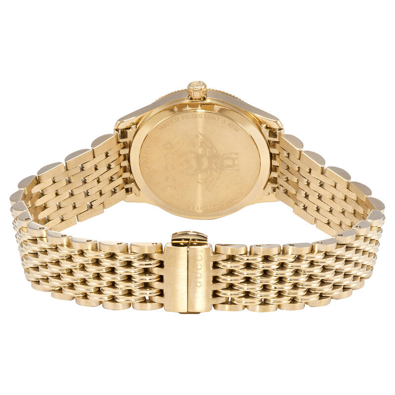 Caseback view of Gucci G-Timeless watch showing gold case and linked bracelet strap