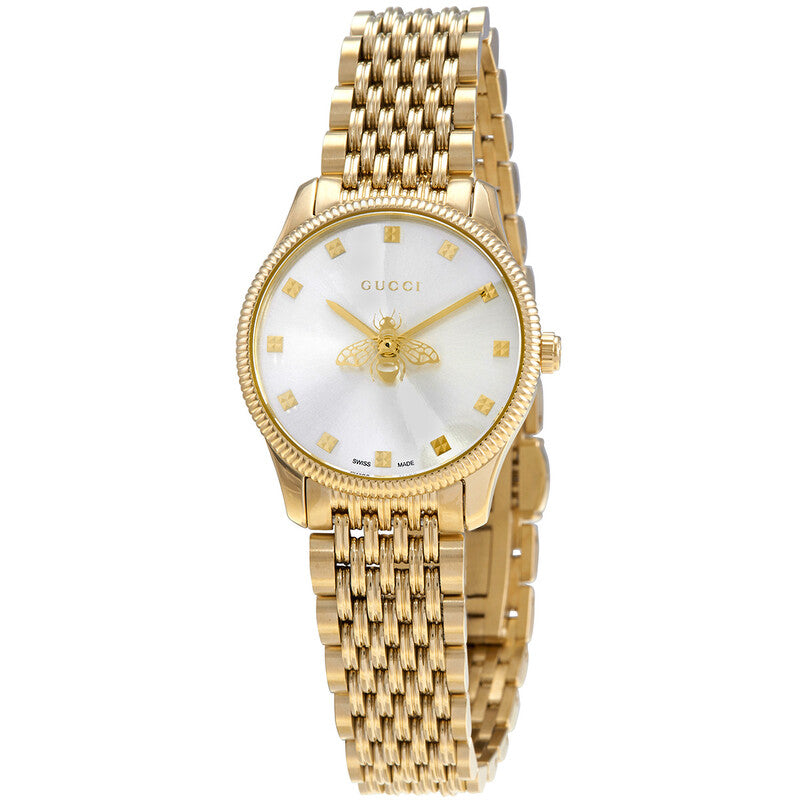 Gucci G-Timeless ladies watch with silver dial, gold case, bee emblem, and gold-tone bracelet