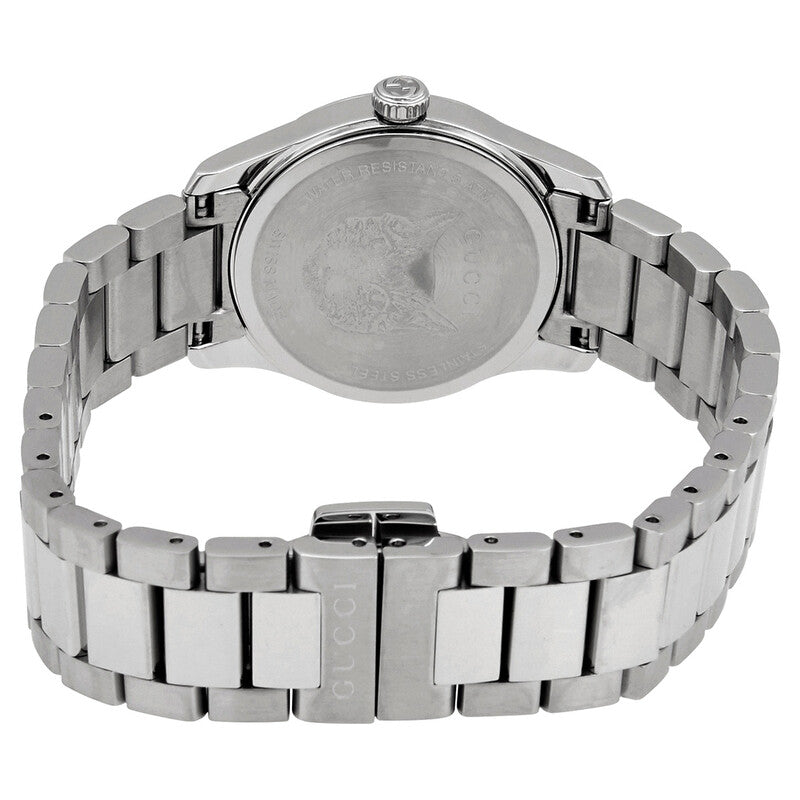 Gucci G-Timeless watch caseback showing stainless steel with engraved details