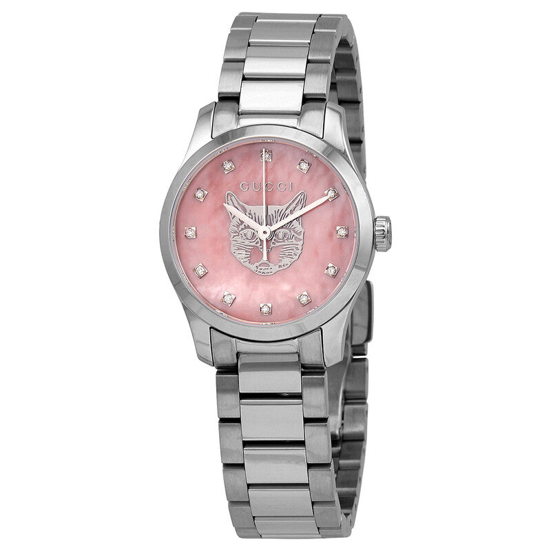Gucci G-Timeless quartz watch with pink mother of pearl dial, diamond accents, and silver stainless steel bracelet