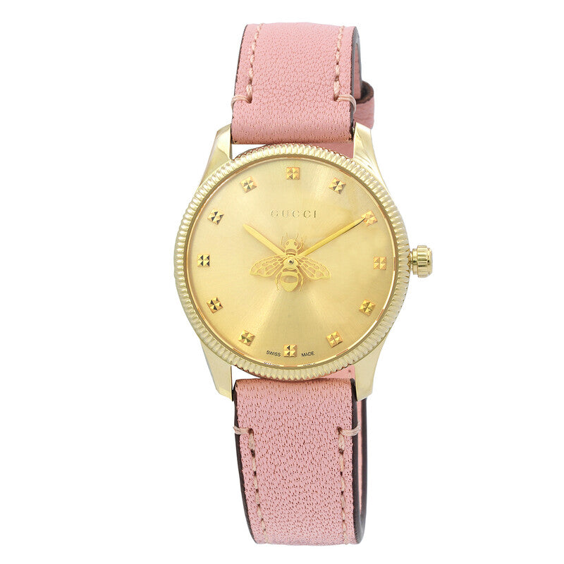 Gucci G-Timeless yellow gold quartz watch with gold dial, bee motif, and pink leather strap