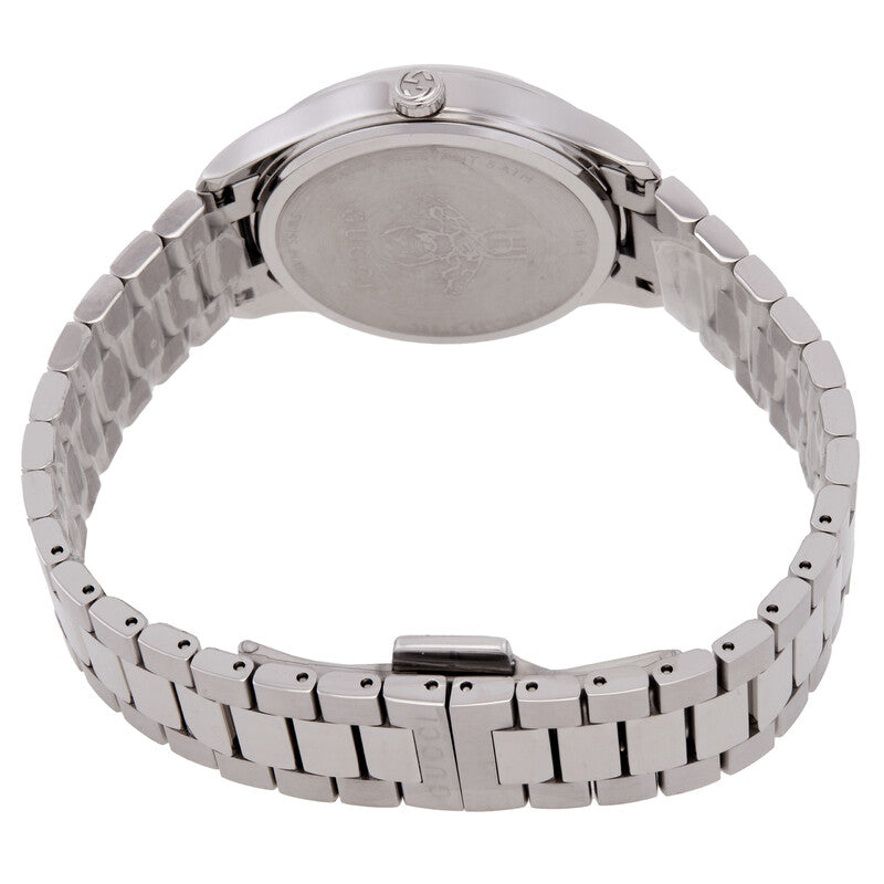 Caseback of Gucci G-Timeless watch showing silver steel case and crown