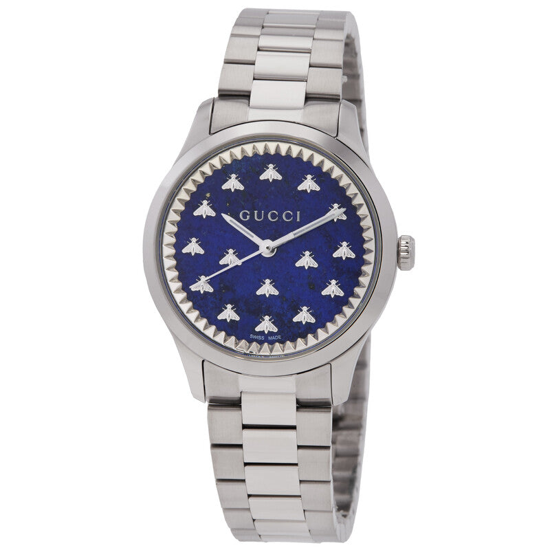 Gucci G-Timeless women's watch with blue dial, bee motifs, and silver steel bracelet