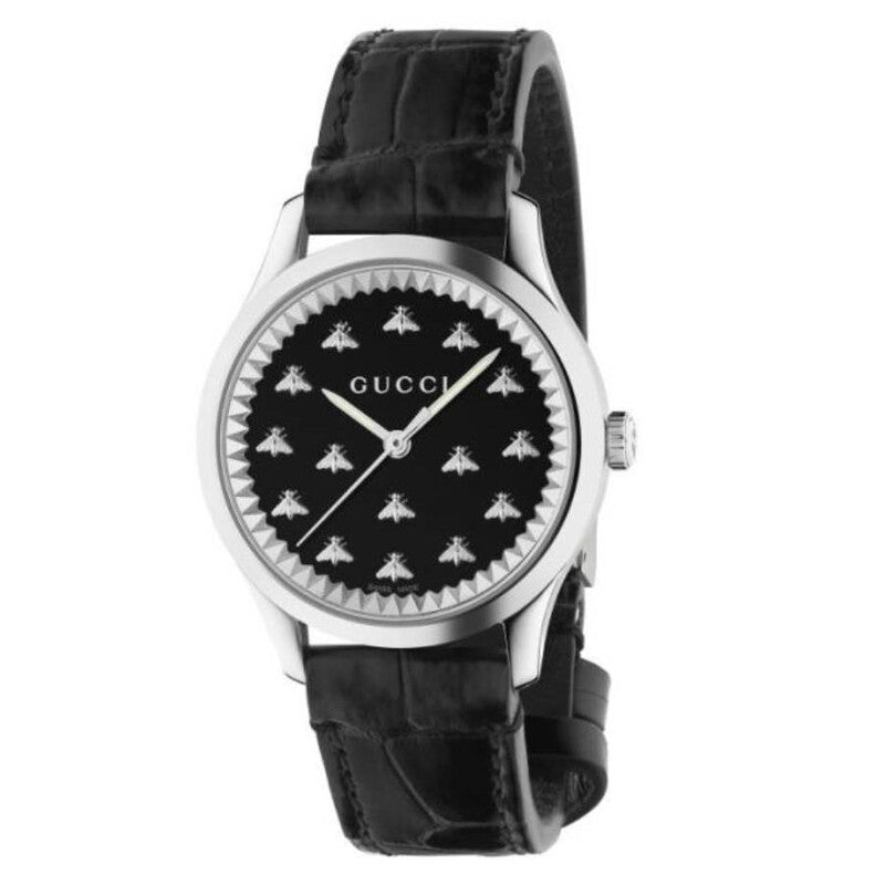 Gucci G-Timeless quartz watch with black dial, bee motifs, silver case, and black leather strap