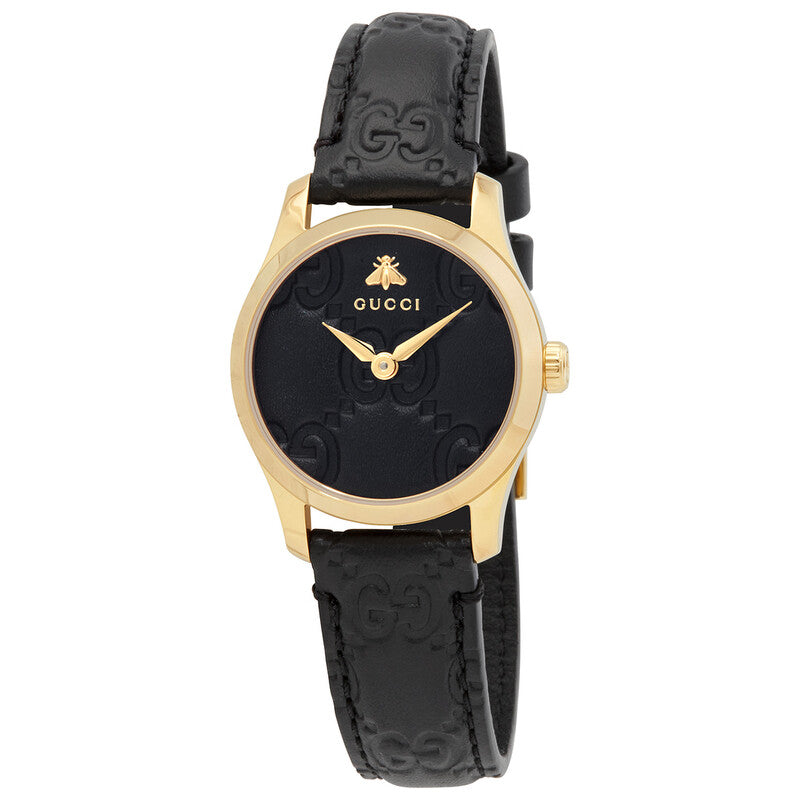 Gucci G-Timeless ladies watch with gold-tone case and black dial, gold hands, black leather strap