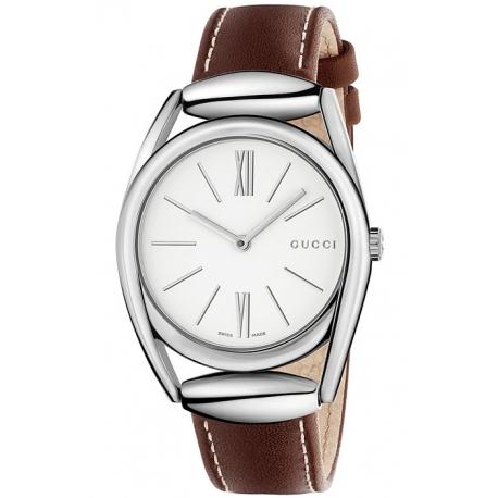 Gucci Horsebit 30mm women's watch with white dial, Roman numerals, and brown leather strap