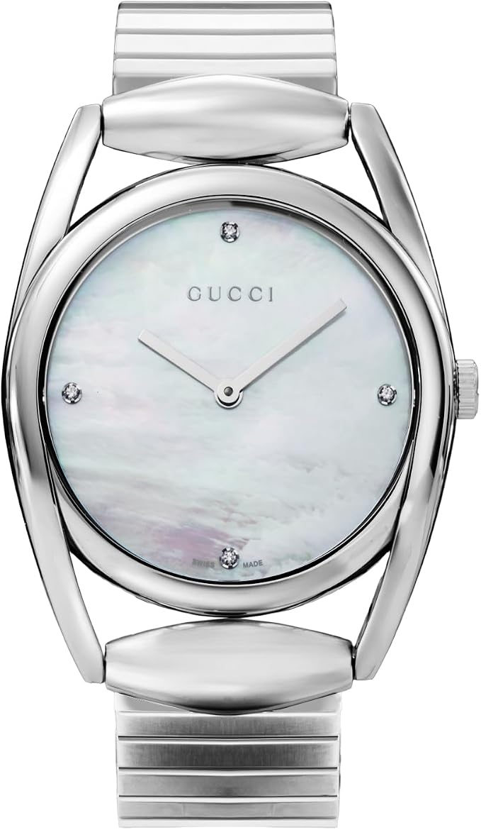 Gucci Horsebit quartz watch with white pearl dial, sapphire glass, and stainless steel bracelet