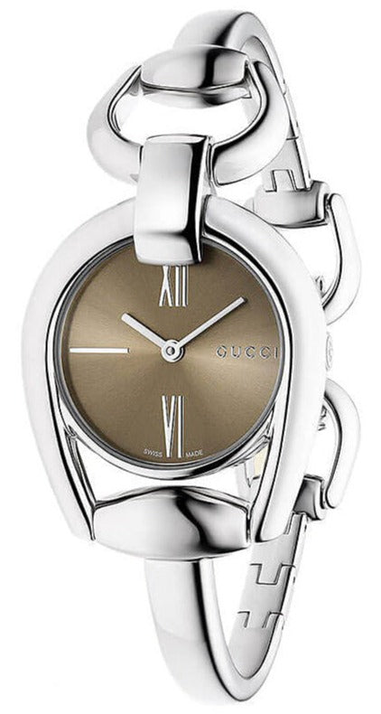 Gucci Horsebit women's quartz watch with brown dial and silver steel horsebit strap