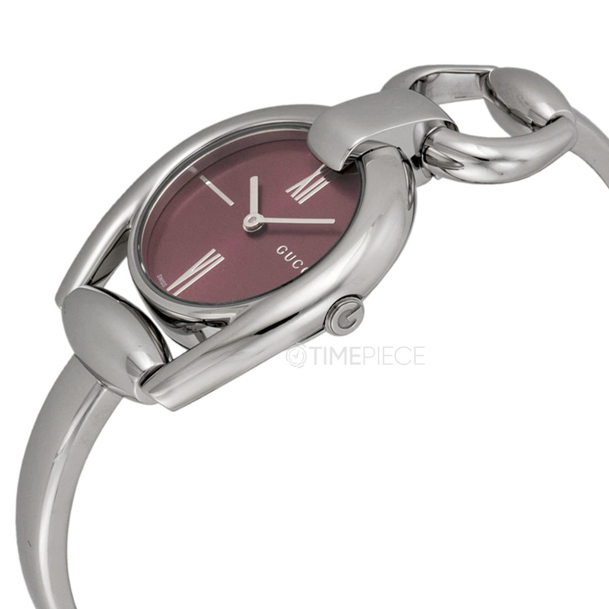 Gucci Horsebit ladies watch showing dial and polished steel cuff