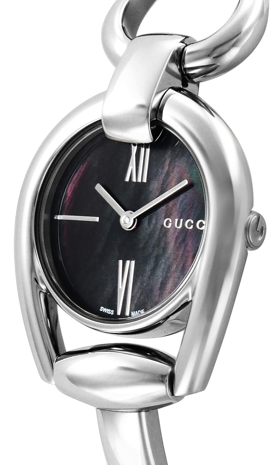 Gucci Horsebit watch angled view showing silver case profile and horsebit bracelet design