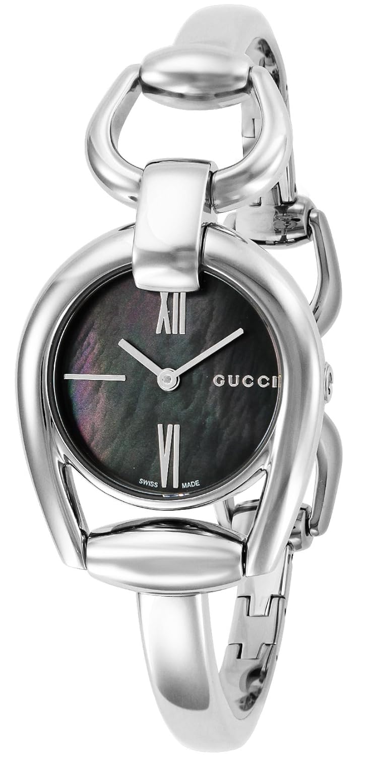 Gucci Horsebit ladies watch with silver case, black dial, Roman numerals, and horsebit link bracelet