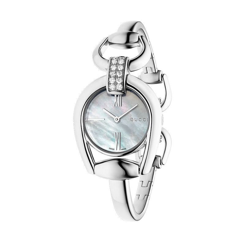 Gucci Horsebit Small watch with white mother of pearl dial and stainless steel horsebit bracelet