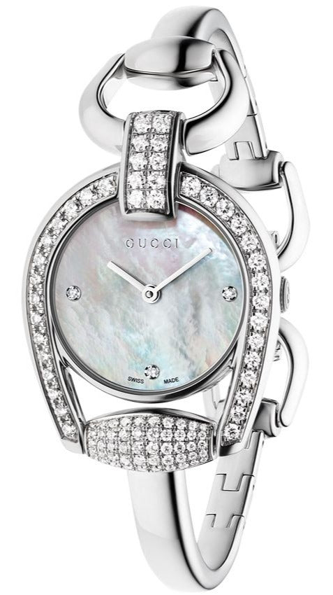 Gucci Horsebit bangle watch with mother of pearl dial, diamond bezel, and horsebit design