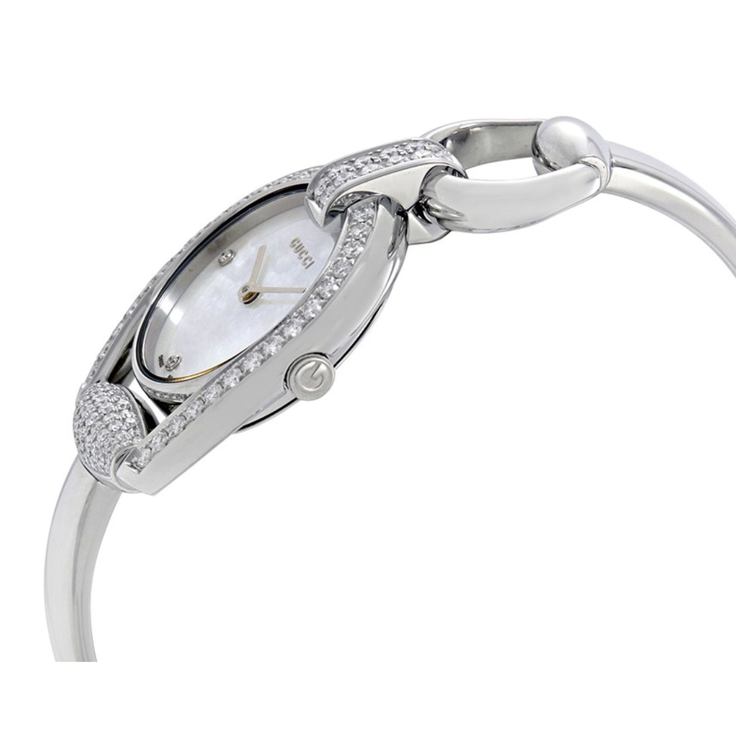 Gucci Horsebit watch angled view showing diamond-set bezel and mother of pearl dial