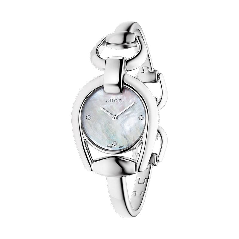 Gucci Horsebit women's watch with mother-of-pearl dial, diamond markers, and stainless steel horsebit bangle bracelet