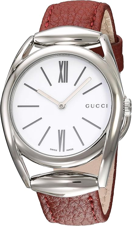 Gucci Horsebit women's watch with white dial, Roman numerals, stainless steel case, and burgundy leather strap