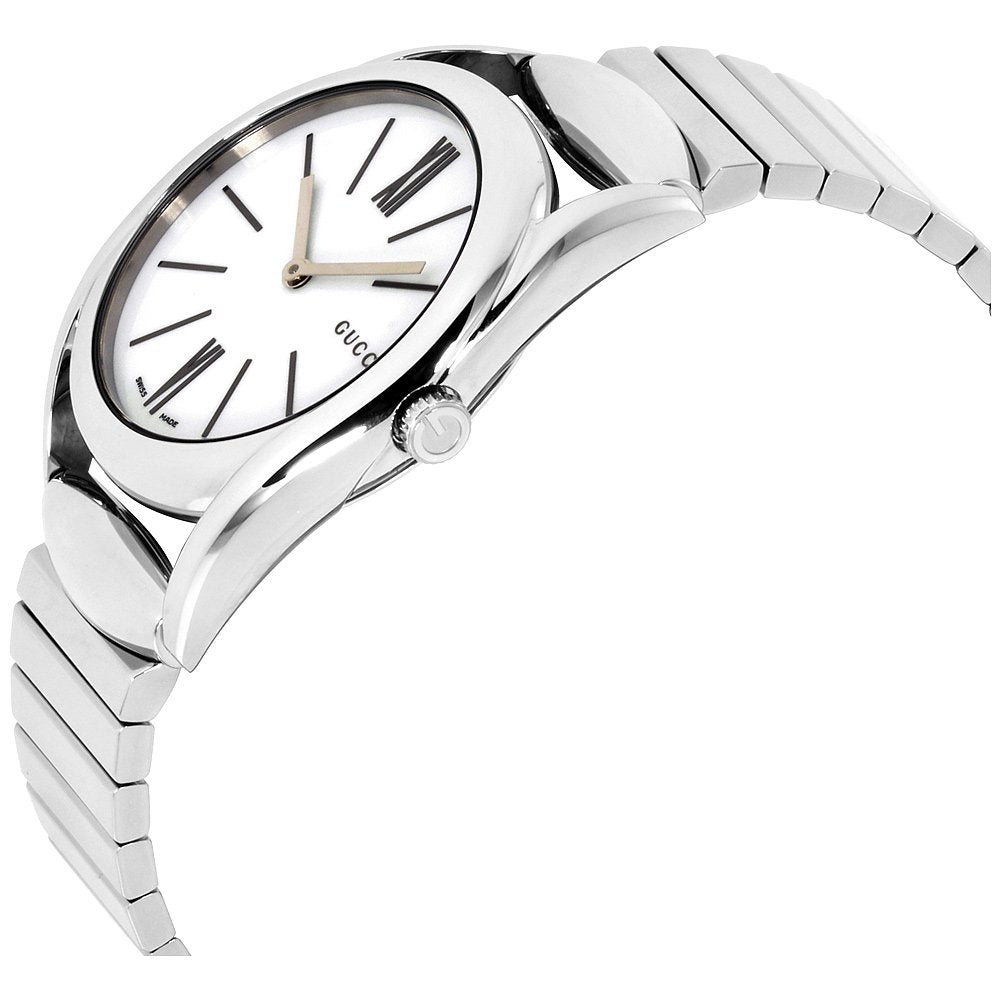 Gucci Horsebit women's watch at angle showing silver-tone bracelet and case profile