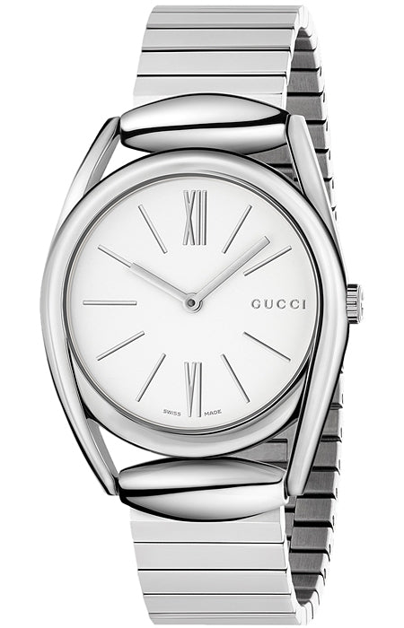 Gucci Horsebit silver-tone quartz women's watch with white dial and Roman numeral indices
