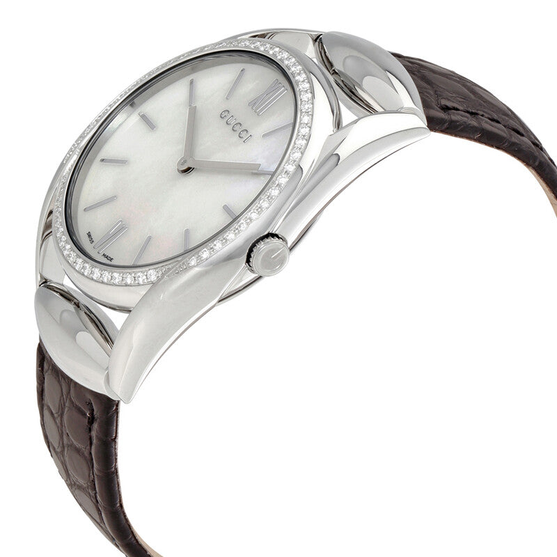 Side angle view of Gucci Horsebit watch showing mother-of-pearl dial and diamond bezel