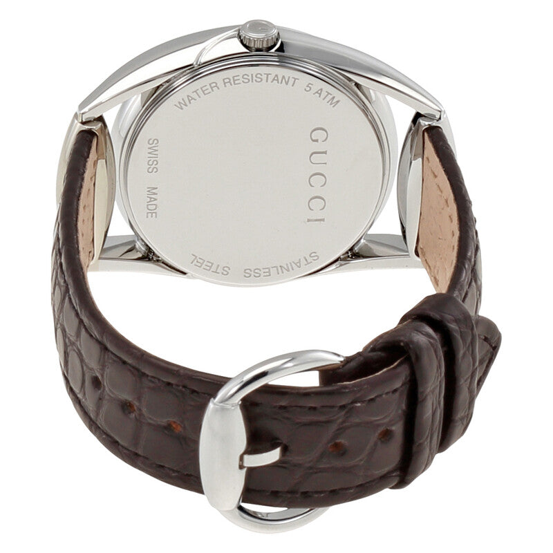 Caseback of Gucci Horsebit watch with brown crocodile leather strap and buckle