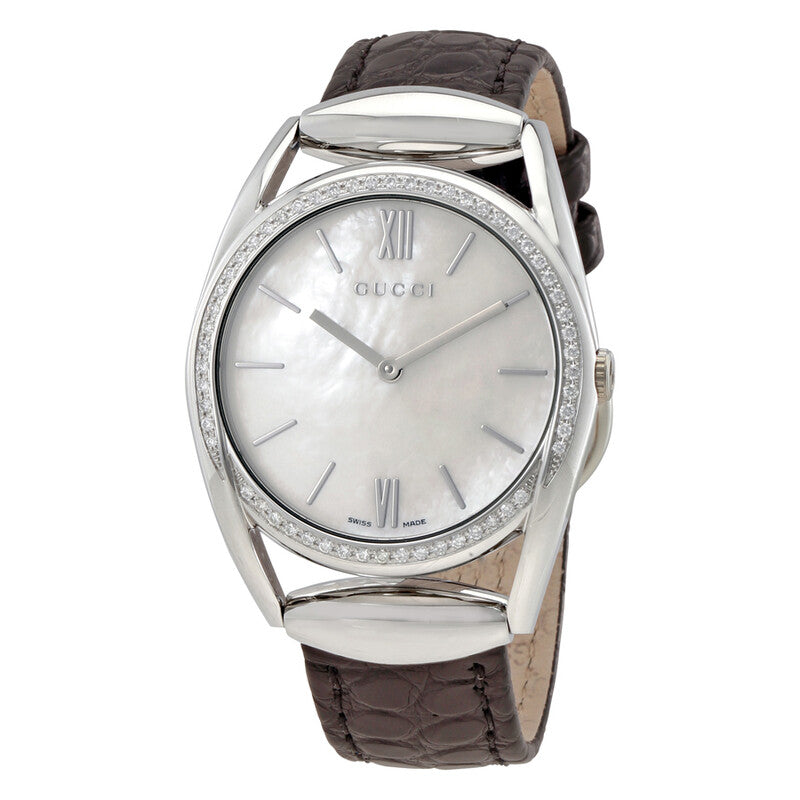 Gucci Horsebit mother-of-pearl dial watch with stainless steel case and brown leather strap