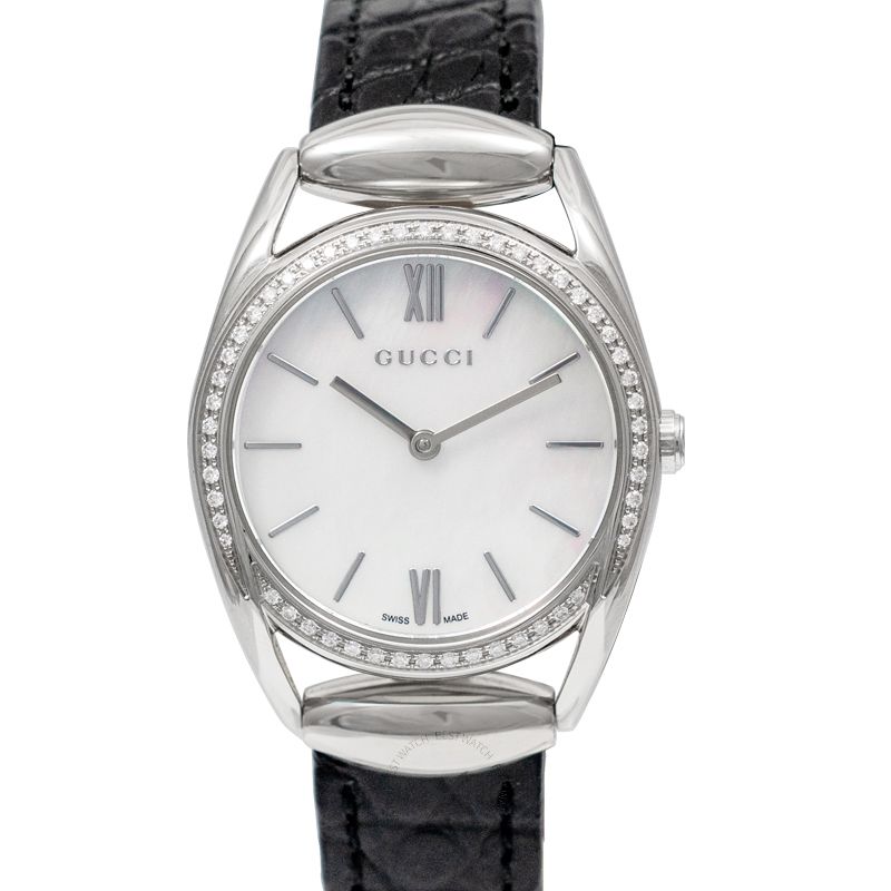 Gucci Horsebit diamond stainless steel women's watch with white dial and black leather strap