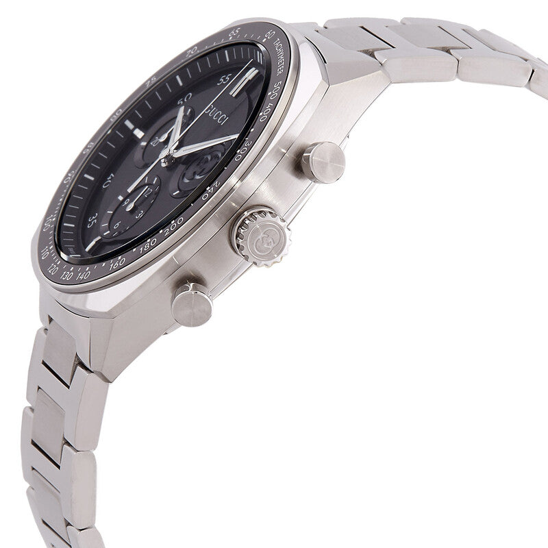 Gucci Interlocking G chronograph watch side view showing stainless steel bracelet and case profile