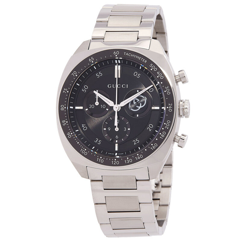 Gucci Interlocking G chronograph quartz men's watch with black dial and stainless steel bracelet
