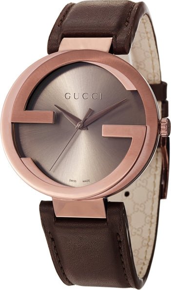 Gucci Interlocking G XL watch with rose gold case and brown leather strap