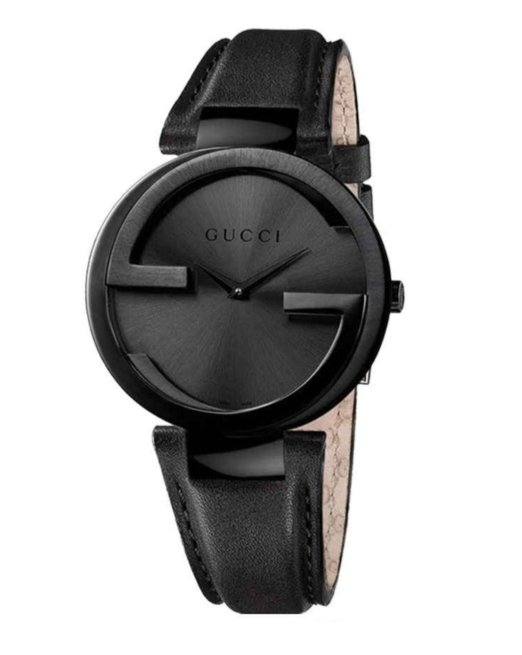 Gucci Interlocking G women's watch with black dial and black leather strap