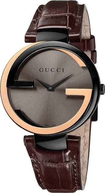 Gucci Interlocking G women's watch with black dial, rose gold G logo, and brown leather strap