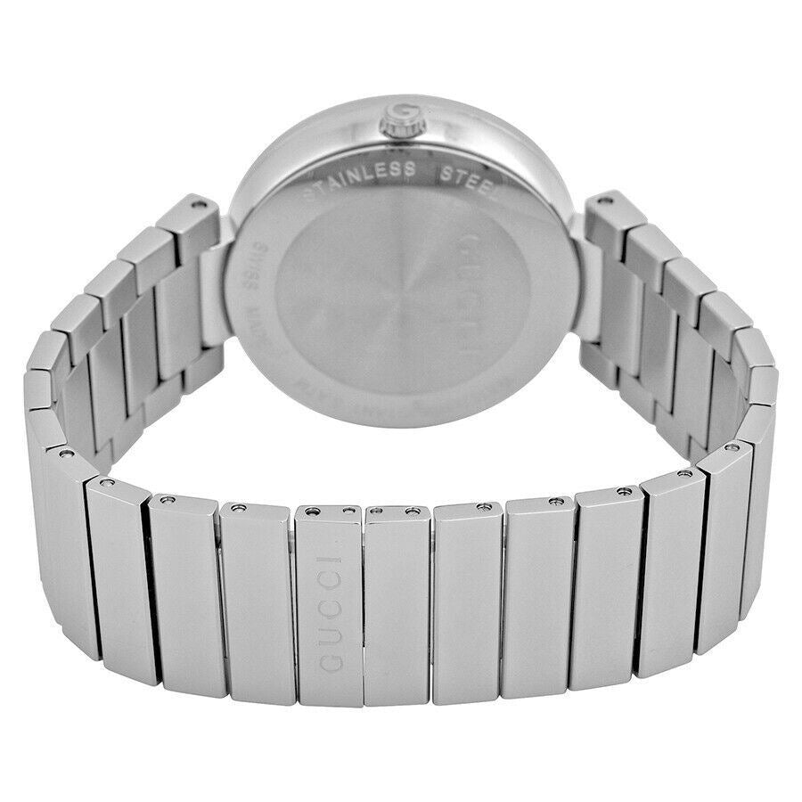 Caseback view of Gucci Interlocking G watch with stainless steel bracelet and GUCCI branding