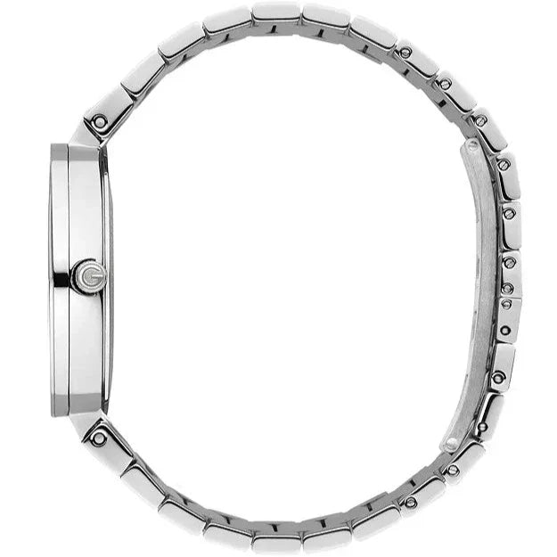 Side profile of Gucci Interlocking G watch showing stainless steel bracelet and case depth