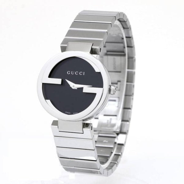 Gucci Interlocking G ladies watch at angle showing stainless steel case and bracelet