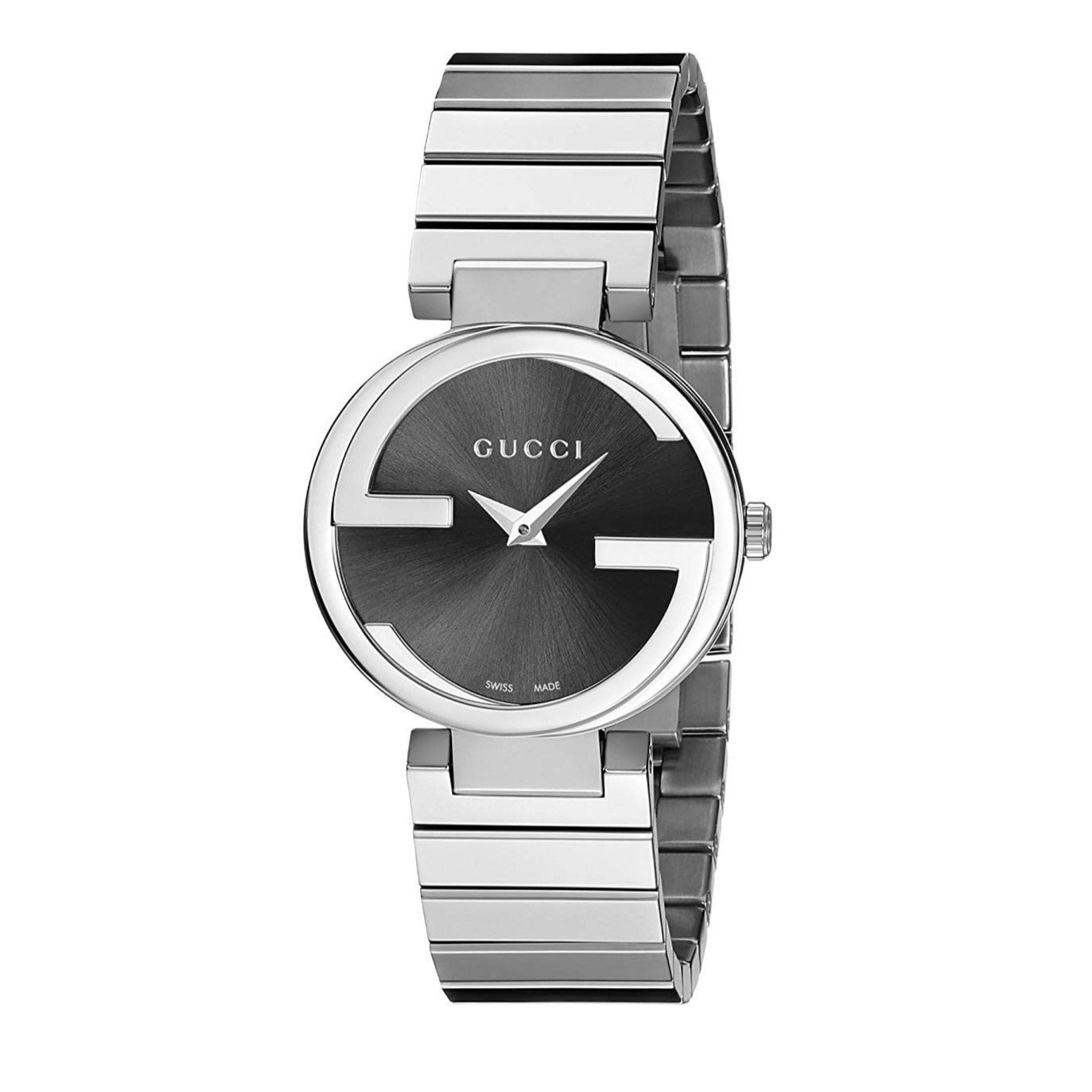 Gucci Interlocking G watch with black dial and stainless steel bracelet