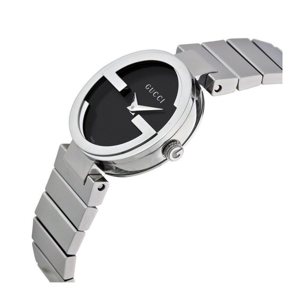 Gucci Interlocking G watch side view with stainless steel bracelet