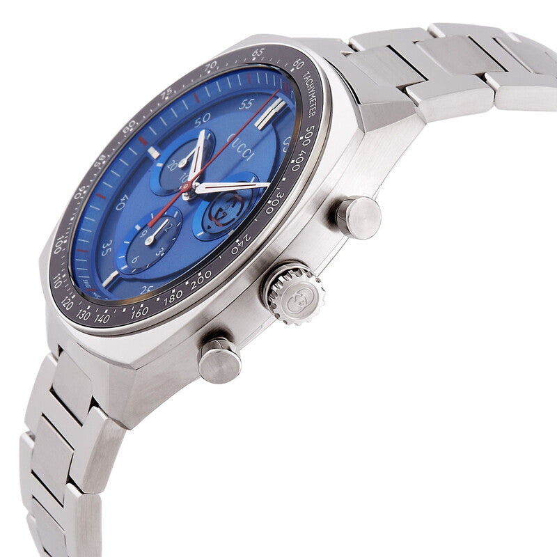 Side angled view of Gucci Interlocking G Chronograph blue dial watch on wrist