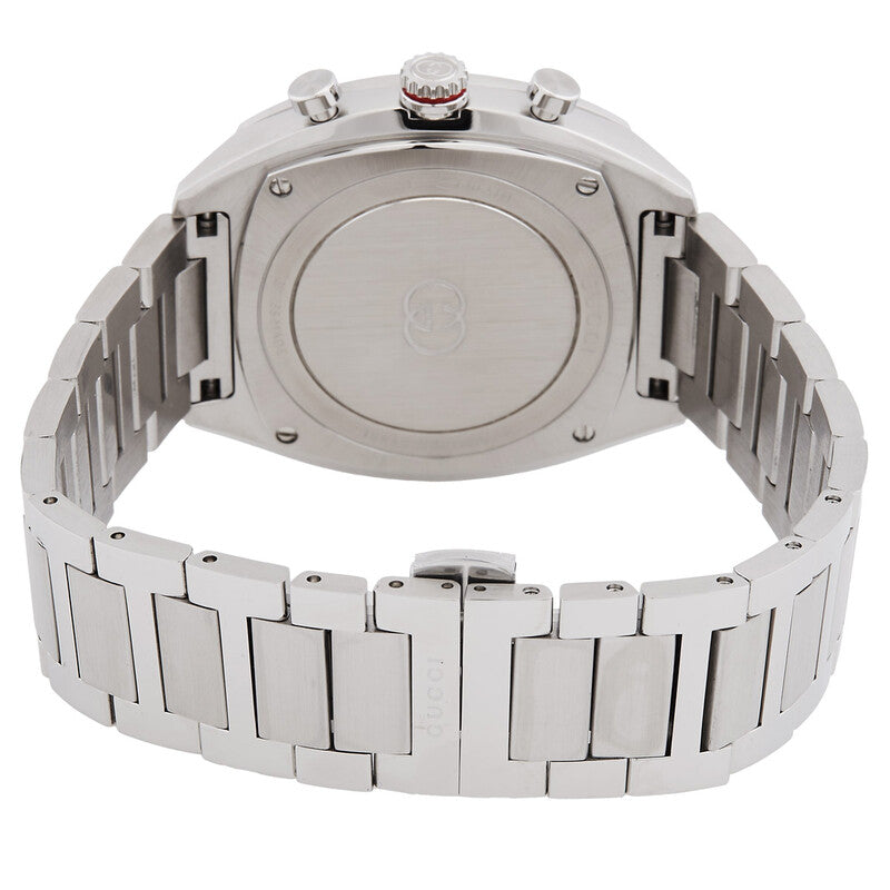 Caseback view of Gucci Interlocking G Chronograph showing stainless steel bracelet