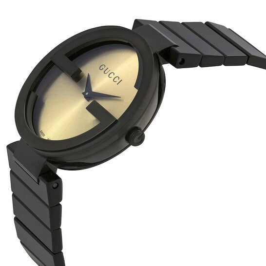 Gucci Interlocking Grammy watch side view showing black interlocking bracelet