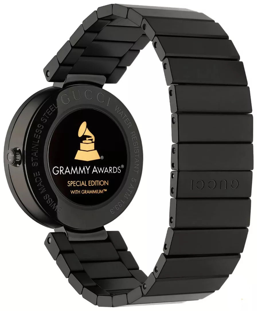 Gucci Interlocking Grammy bracelet watch worn showing black interlocking bracelet