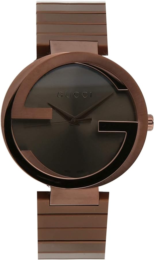 Gucci Interlocking XL watch front view showing brown dial with GG logo and rectangular hour markers