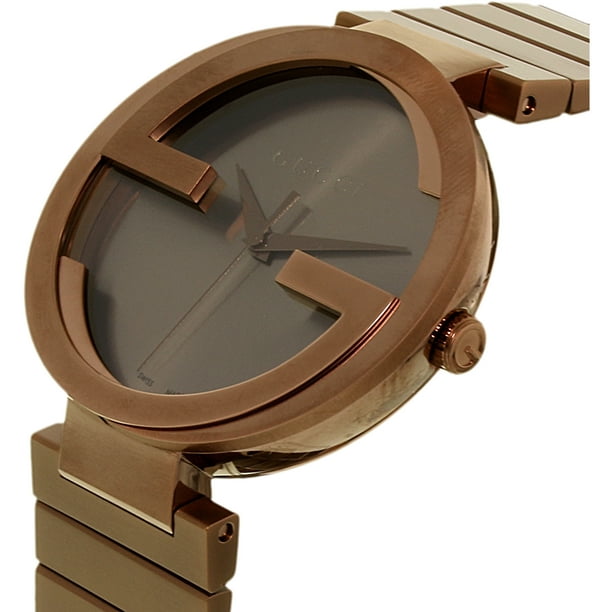 Gucci Interlocking XL watch side angle showing PVD case profile and stainless steel bracelet