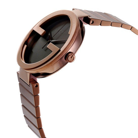 Gucci Interlocking XL men's watch side view with brown dial and link bracelet