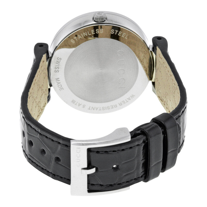 Caseback of Gucci Interlocking watch showing stainless steel case, black leather strap and buckle