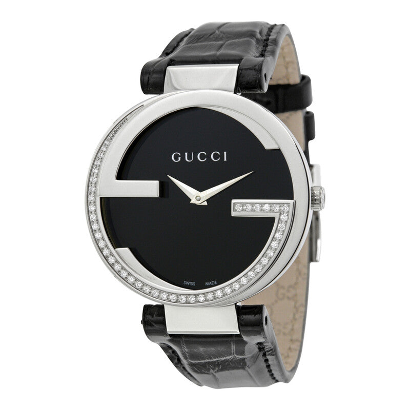 Gucci Interlocking women's watch with black dial, diamond bezel, stainless steel case and black leather strap