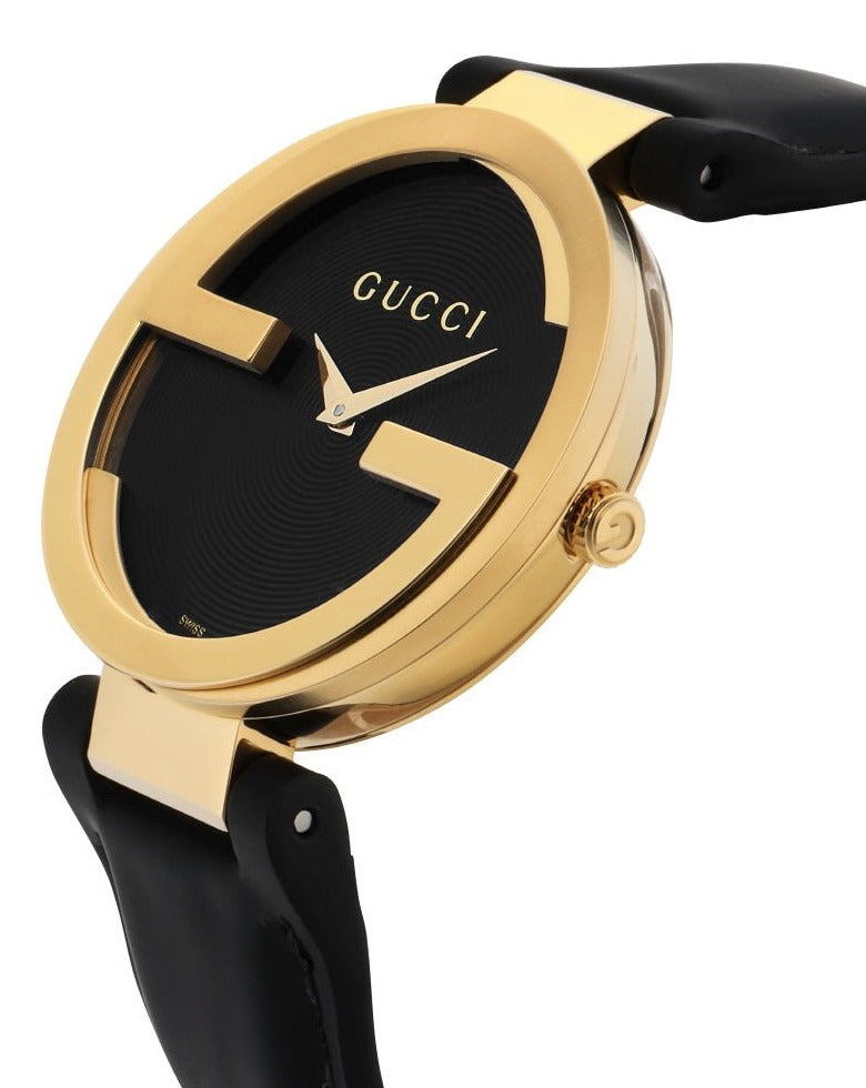 Gucci Interlocking watch angled view showcasing iconic interlocking G bezel design and dial detail